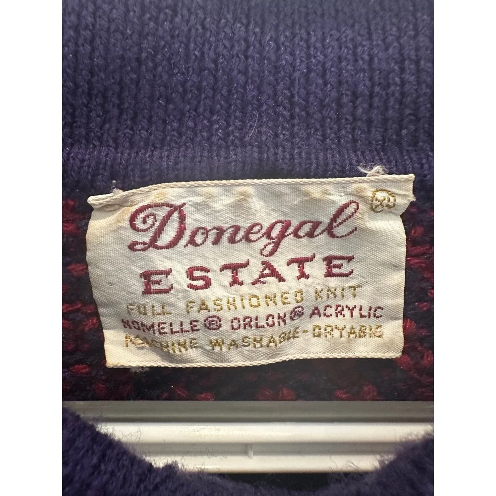 Vintage 70s Donegal Estate Knit Grandpa Sweater Purple Red Diamond Pattern XL